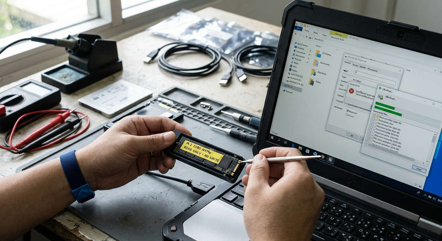 ภาพไดรฟ์ SSD แบบ M.2 NVMe วางคู่กับคอมพิวเตอร์ที่แสดงหน้าต่างการกู้คืนไฟล์ข้อมูล