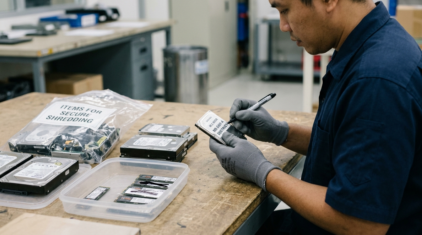 การจัดวางไดรฟ์ M.2 NVMe SSD บนซองป้องกันไฟฟ้าสถิตเพื่อเตรียมการส่งทำลายข้อมูลอย่างปลอดภัย