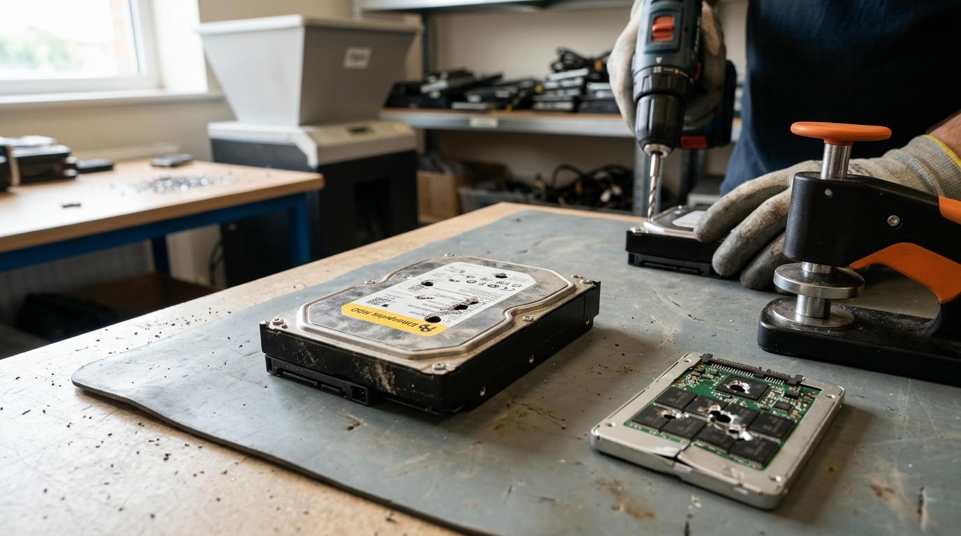 ฮาร์ดดิสก์ระดับองค์กรและไดรฟ์ SSD ที่ถูกถอดออกจากเซิร์ฟเวอร์เพื่อเตรียมเข้าสู่กระบวนการทำลายข้อมูลทางกายภาพ