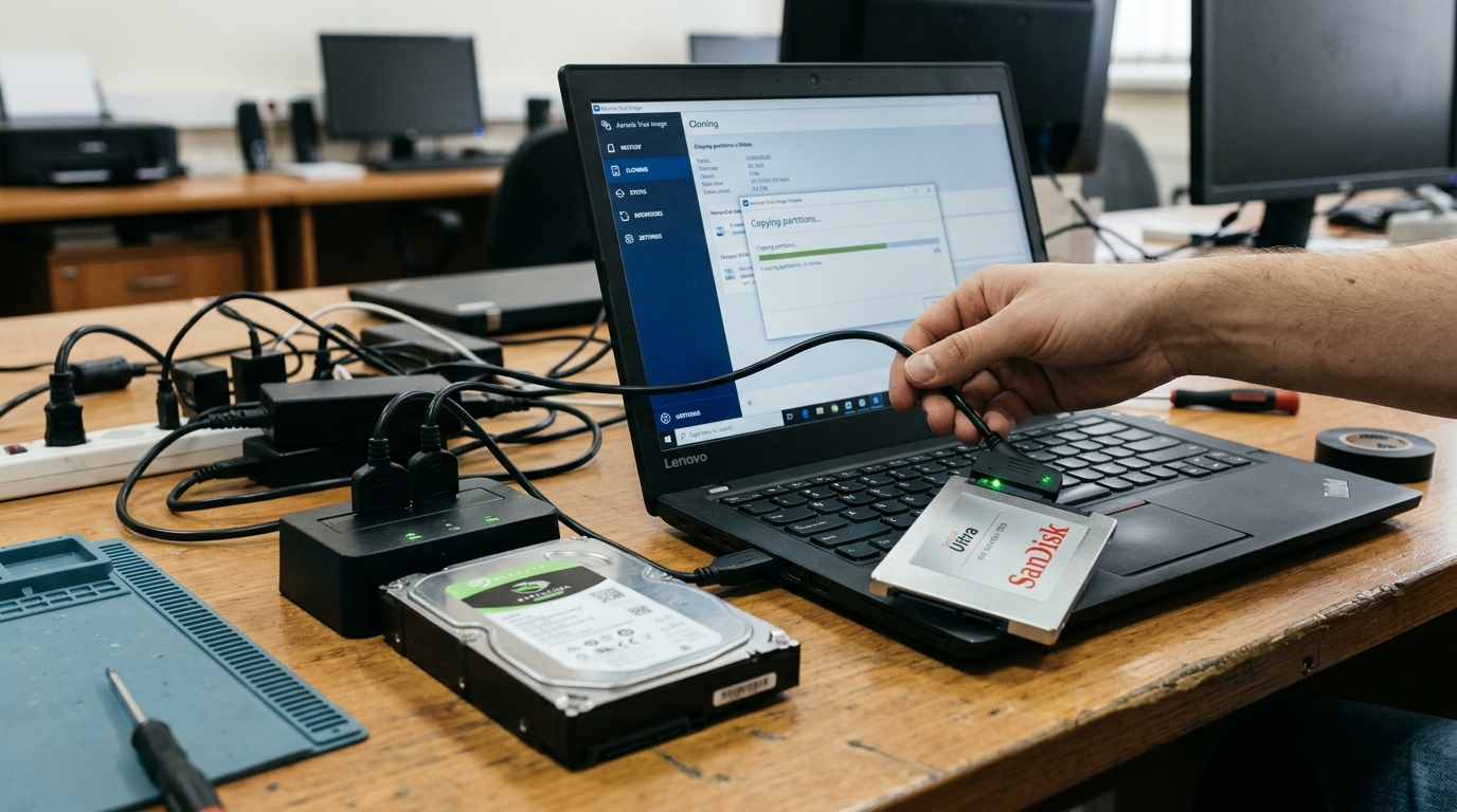 การเชื่อมต่อไดรฟ์ SSD เข้ากับคอมพิวเตอร์เพื่อเตรียมโคลนระบบปฏิบัติการจากฮาร์ดดิสก์เดิม