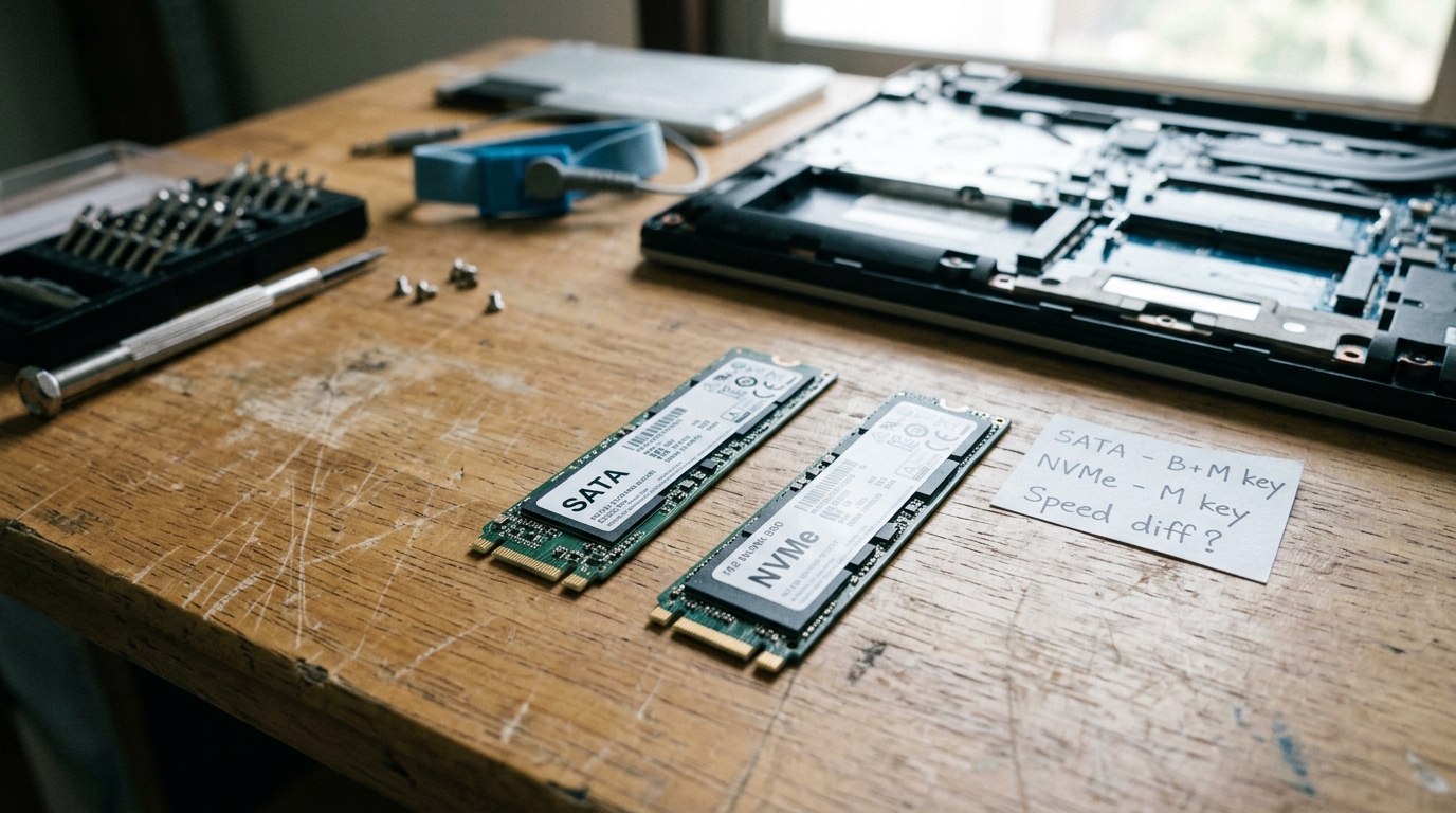 เปรียบเทียบการ์ดหน่วยความจำ M.2 SATA ที่มีรอยบากสองข้าง และ M.2 NVMe ที่มีรอยบากข้างเดียว วางเคียงกันบนโต๊ะทำงานช่างเทคนิค