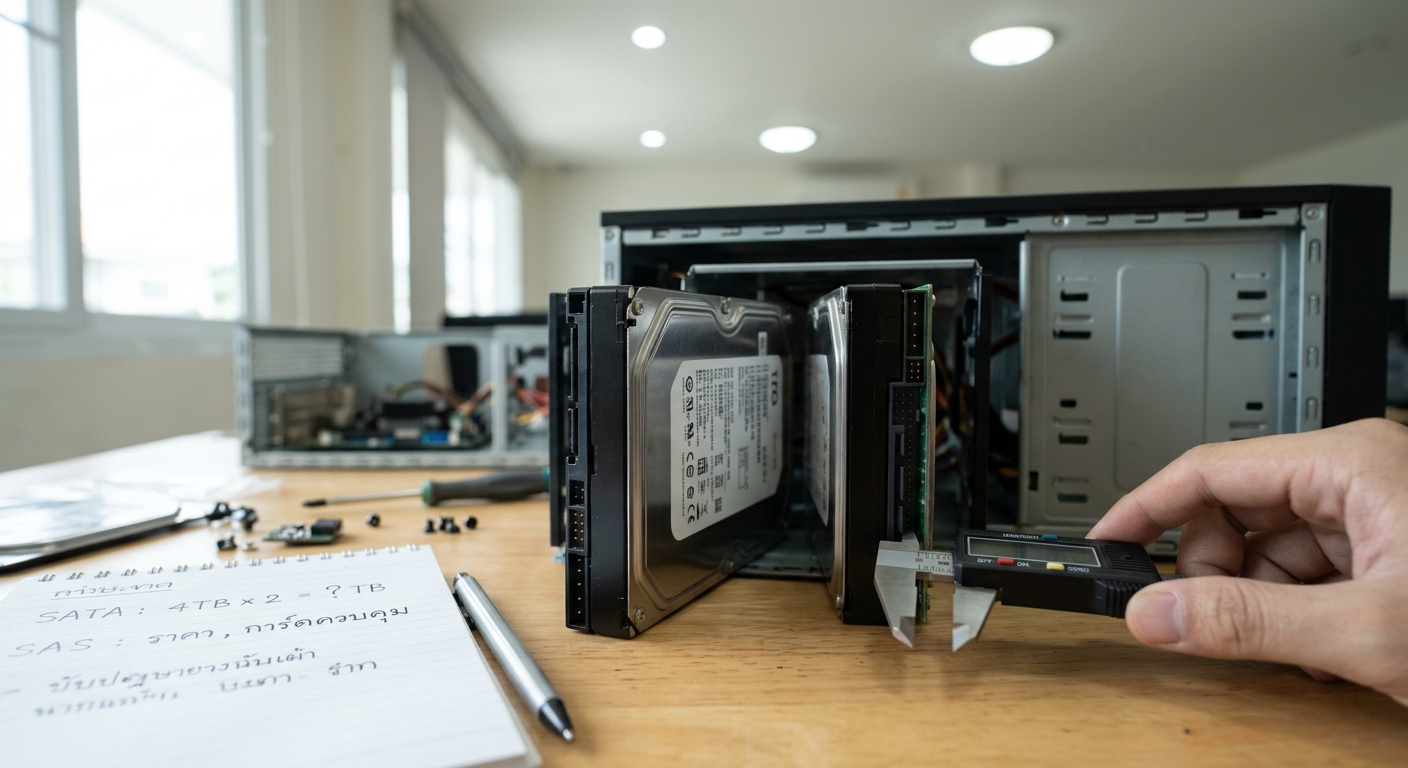 การเปรียบเทียบฮาร์ดดิสก์ SATA และ SAS ขนาด 3.5 นิ้ว บนโต๊ะทำงานของช่างเทคนิคโฮมเซิร์ฟเวอร์