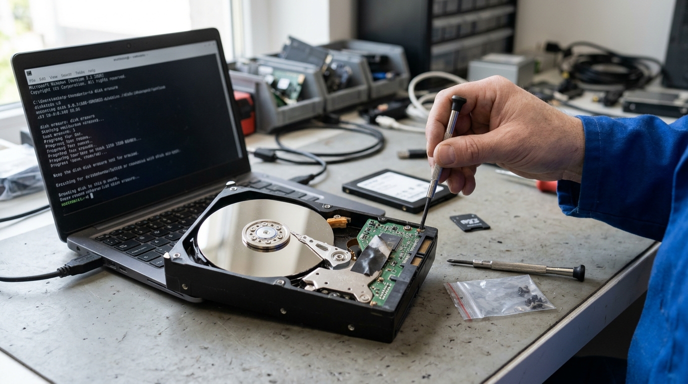 การตรวจสอบสภาพฮาร์ดดิสก์และ SSD ชำรุดบางส่วนบนโต๊ะทำงานฝ่ายไอทีก่อนตัดสินใจส่งเคลมประกันหรือทำลายทิ้ง