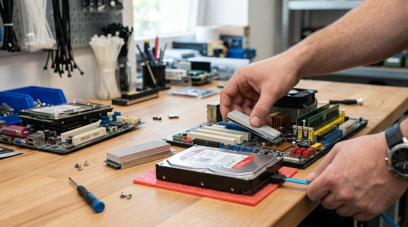 ไดรฟ์ SSD แบบ NVMe M.2 วางคู่กับฮาร์ดดิสก์ HDD ขนาด 3.5 นิ้วบนโต๊ะทำงานฝ่ายไอทีสำหรับการเตรียมประกอบคอมพิวเตอร์