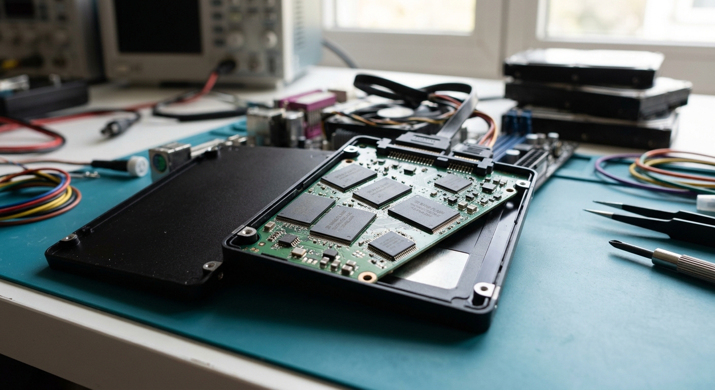 ภาพจำลองโครงสร้างชิปหน่วยความจำ 3D NAND Flash ซ้อนหลายเลเยอร์บนแผงวงจร SSD