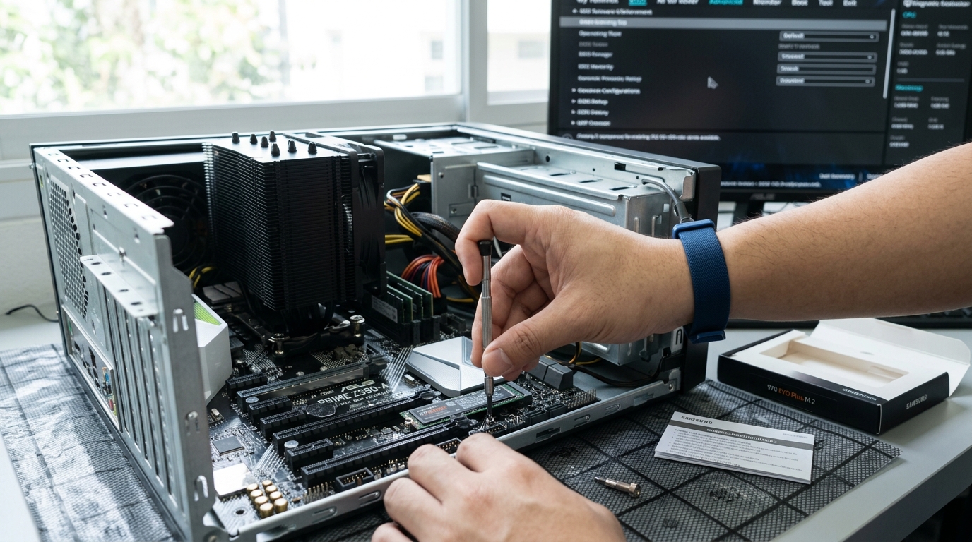 การติดตั้งการ์ด M.2 NVMe SSD ลงบนสล็อตของเมนบอร์ดคอมพิวเตอร์อย่างระมัดระวัง
