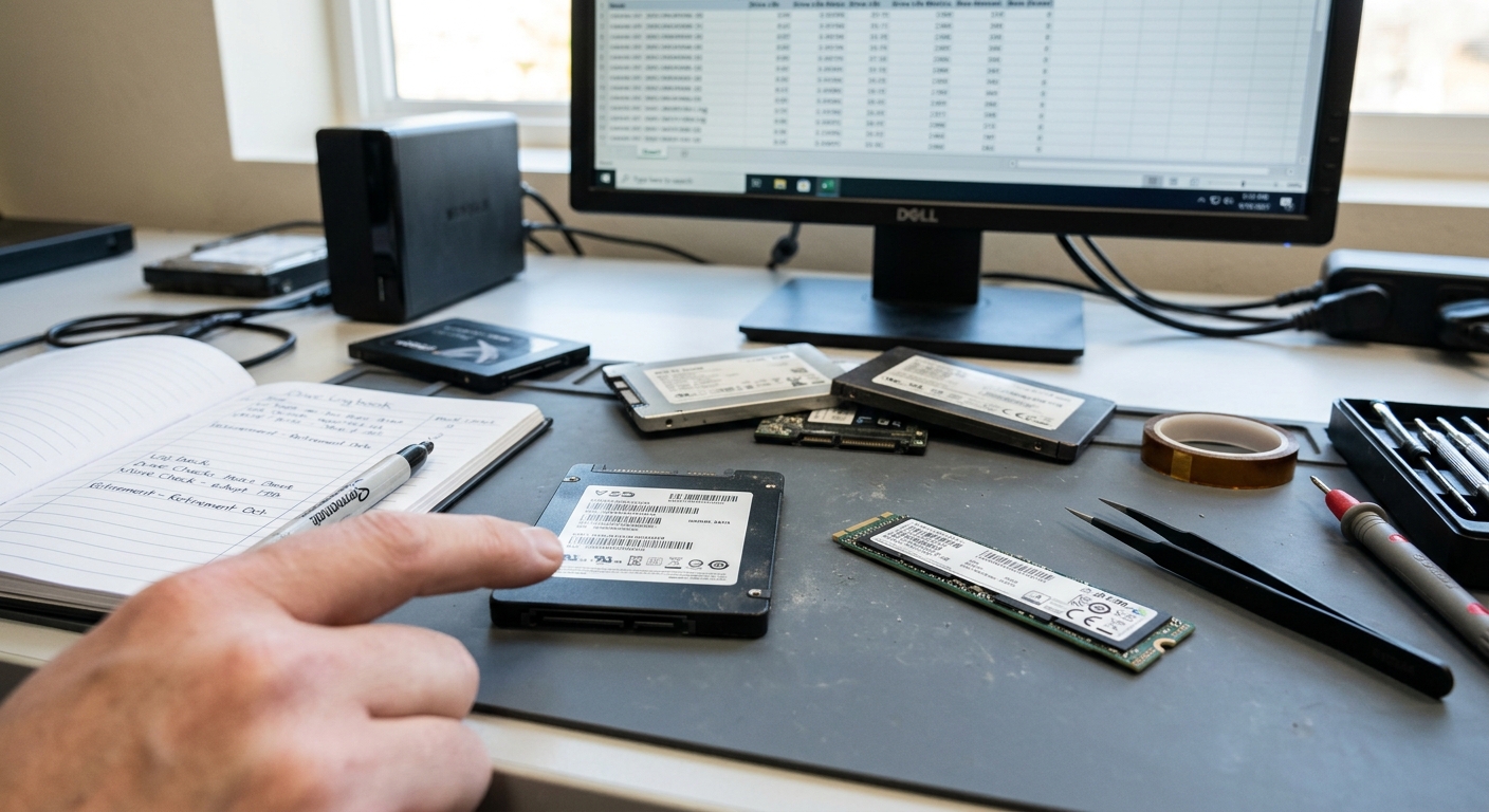 SSD แบบ NVMe M.2 และ SATA วางอยู่บนโต๊ะทำงานพร้อมเอกสารแสดงข้อมูลจำเพาะทางเทคนิคด้านความทนทาน TBW และ DWPD