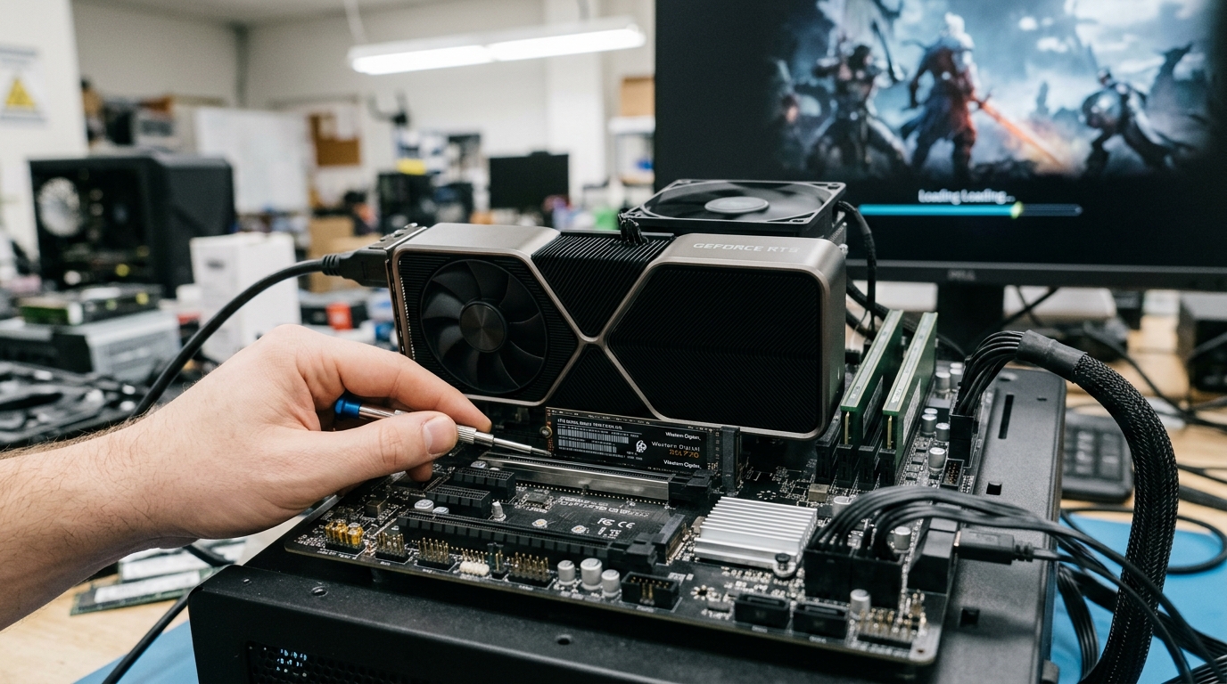 ภาพกราฟิกแสดงโครงสร้างการส่งข้อมูลความเร็วสูงจากไดรฟ์ NVMe SSD ไปยังชิปประมวลผลกราฟิก GPU โดยตรง