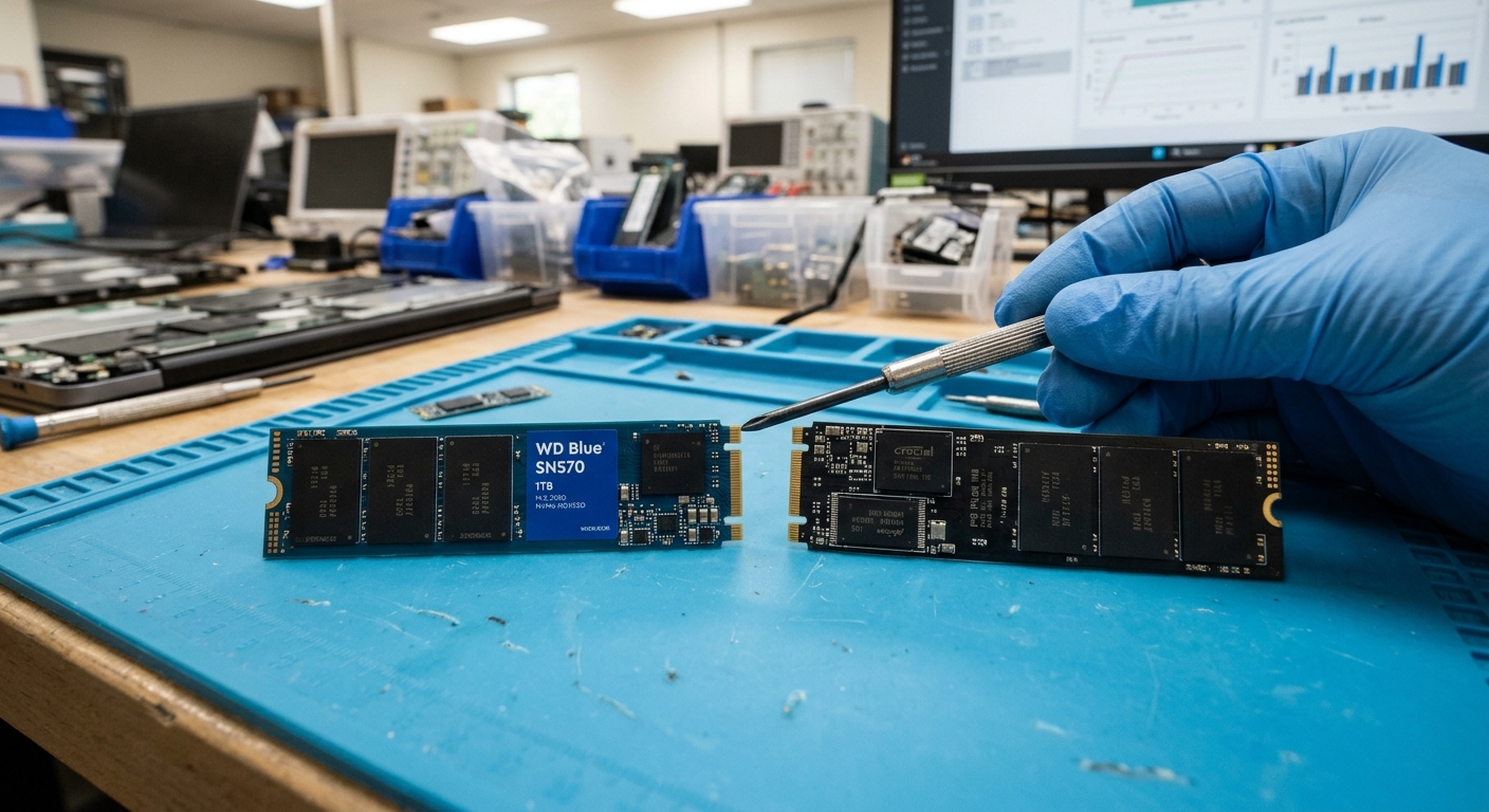 ภาพเปรียบเทียบแผงวงจร SSD NVMe M.2 แบบมีชิปแคช DRAM บนบอร์ด กับ SSD แบบ DRAM-Less ที่มีเพียงคอนโทรลเลอร์และชิป NAND Flash