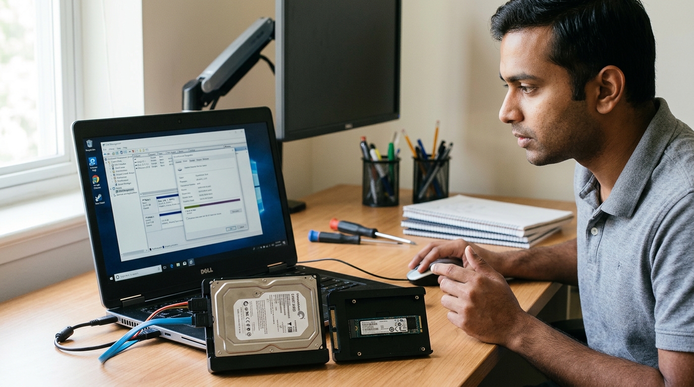 หน้าจอคอมพิวเตอร์แสดงตัวเลือกการฟอร์แมตระบบไฟล์ NTFS exFAT และ ext4 ควบคู่กับฮาร์ดดิสก์และเอสเอสดีภายนอก