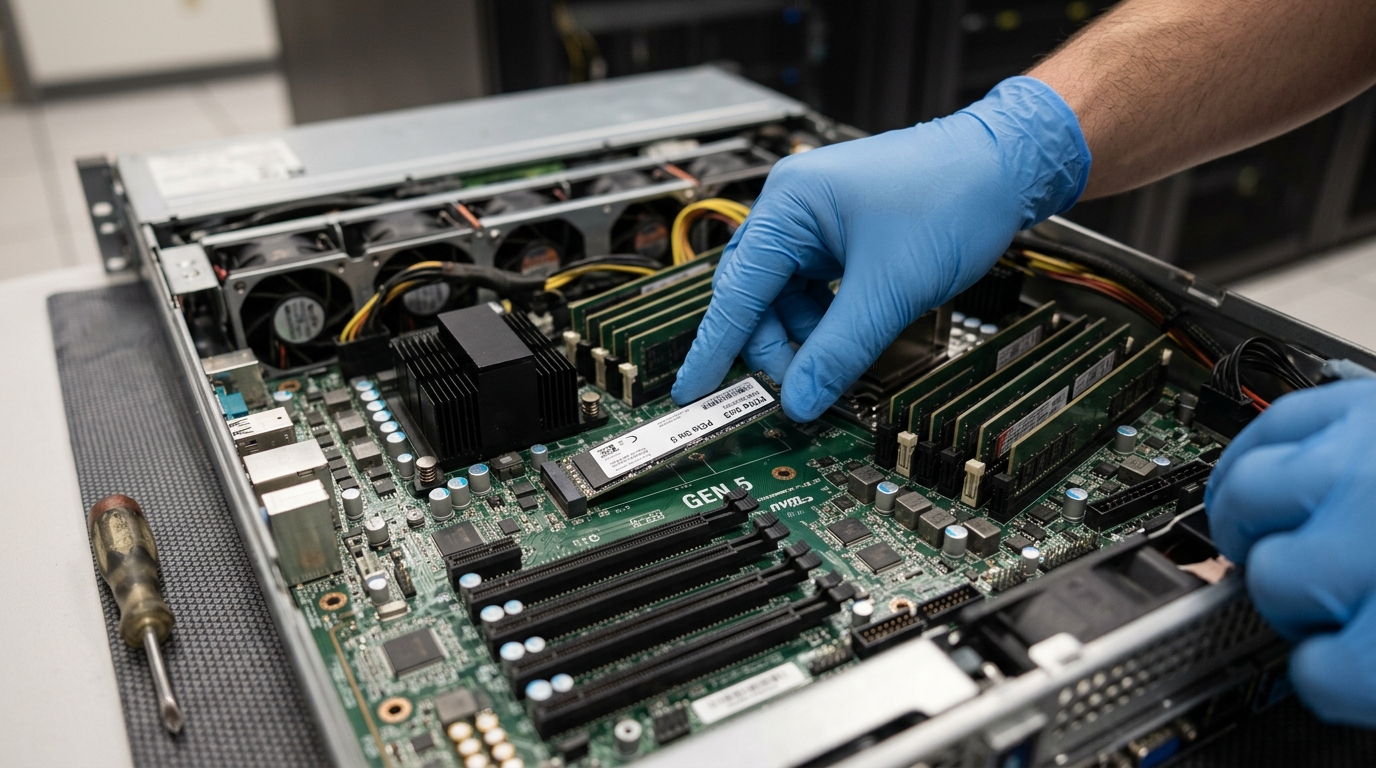 โมดูล NVMe PCIe Gen 5 SSD บนแผงวงจรเซิร์ฟเวอร์สำหรับงานประมวลผลประสิทธิภาพสูง