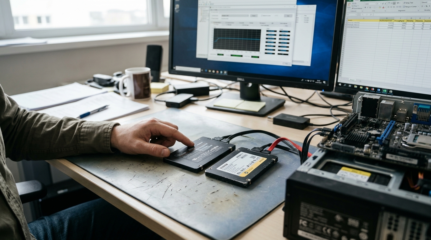 ภาพไดรฟ์ SSD วางอยู่บนโต๊ะทำงานพร้อมกราฟแสดงผลการทดสอบประสิทธิภาพความเร็วในการอ่านและเขียนข้อมูล
