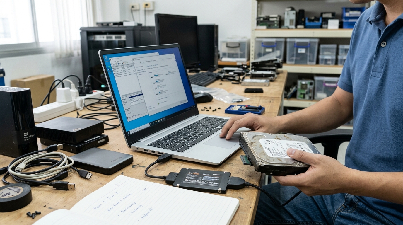 หน้าต่างการจัดการ Storage Spaces บนระบบปฏิบัติการ Windows พร้อมไดรฟ์จัดเก็บข้อมูล HDD และ SSD วางเรียงบนโต๊ะทำงาน
