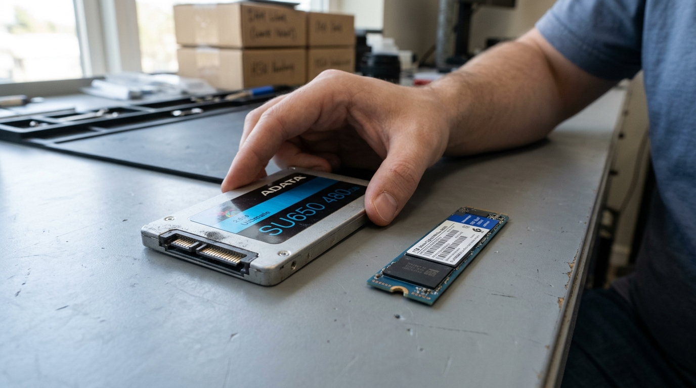 ภาพแผงวงจรชิปหน่วยความจำ NAND Flash บนโซลิดสเตตไดรฟ์แบบเปิดเปลือก แสดงโครงสร้างจัดเก็บประจุข้อมูลดิจิทัล