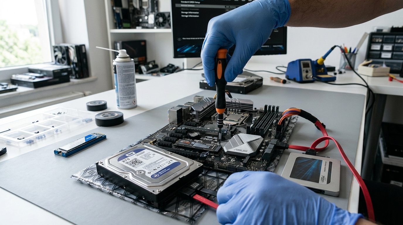 การตรวจสอบช่องเชื่อมต่อฮาร์ดดิสก์และติดตั้งไดรฟ์ SSD NVMe บนเมนบอร์ดคอมพิวเตอร์