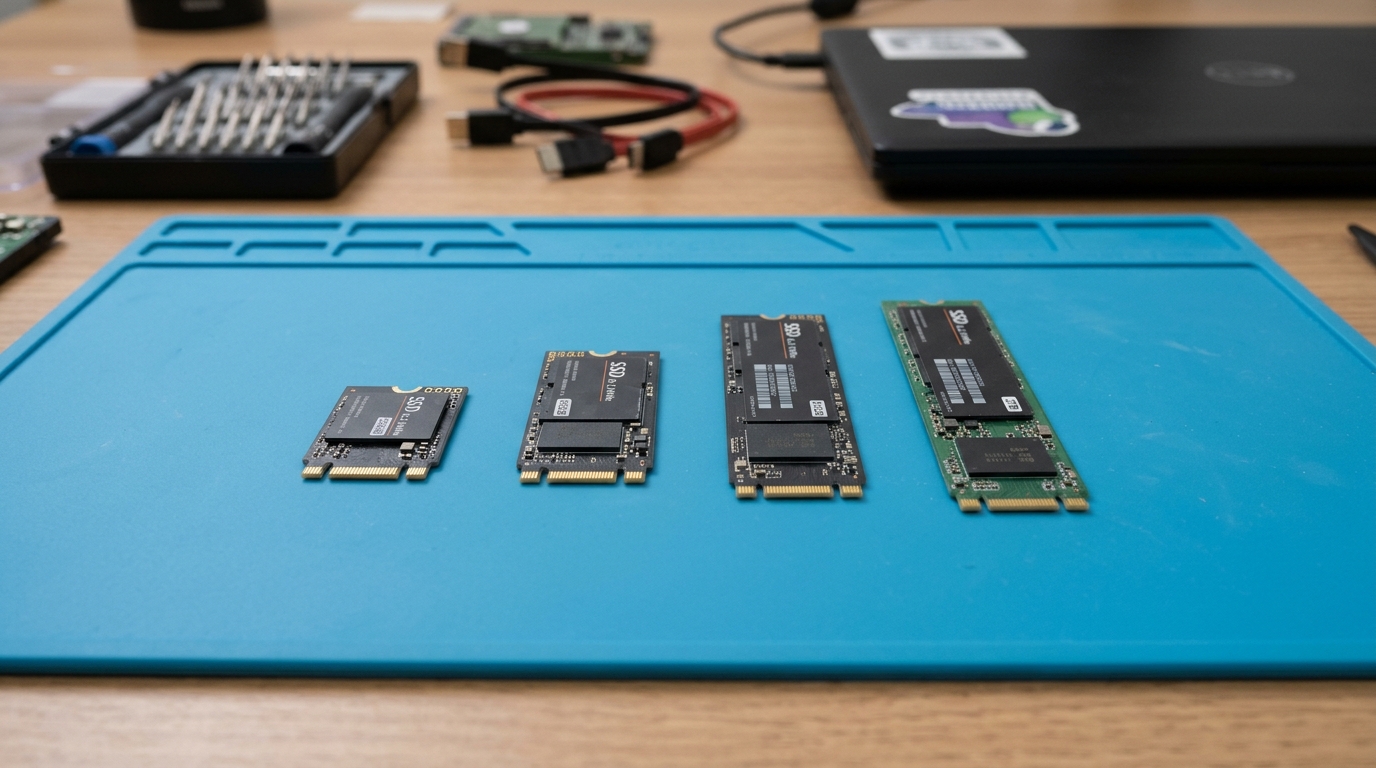 เปรียบเทียบขนาดของหน่วยความจำ SSD แบบ M.2 หลากหลายขนาดวางเรียงกันบนโต๊ะปฏิบัติการช่างไอที