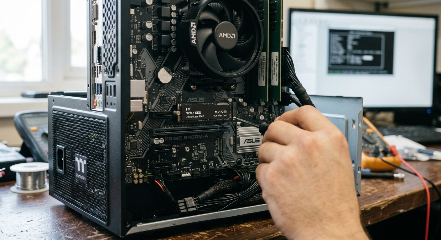 ภาพแผงวงจร M.2 NVMe SSD ขนาดกะทัดรัดที่ไม่มีชิป DRAM แสดงตำแหน่งคอนโทรลเลอร์และชิป NAND Flash บนบอร์ด