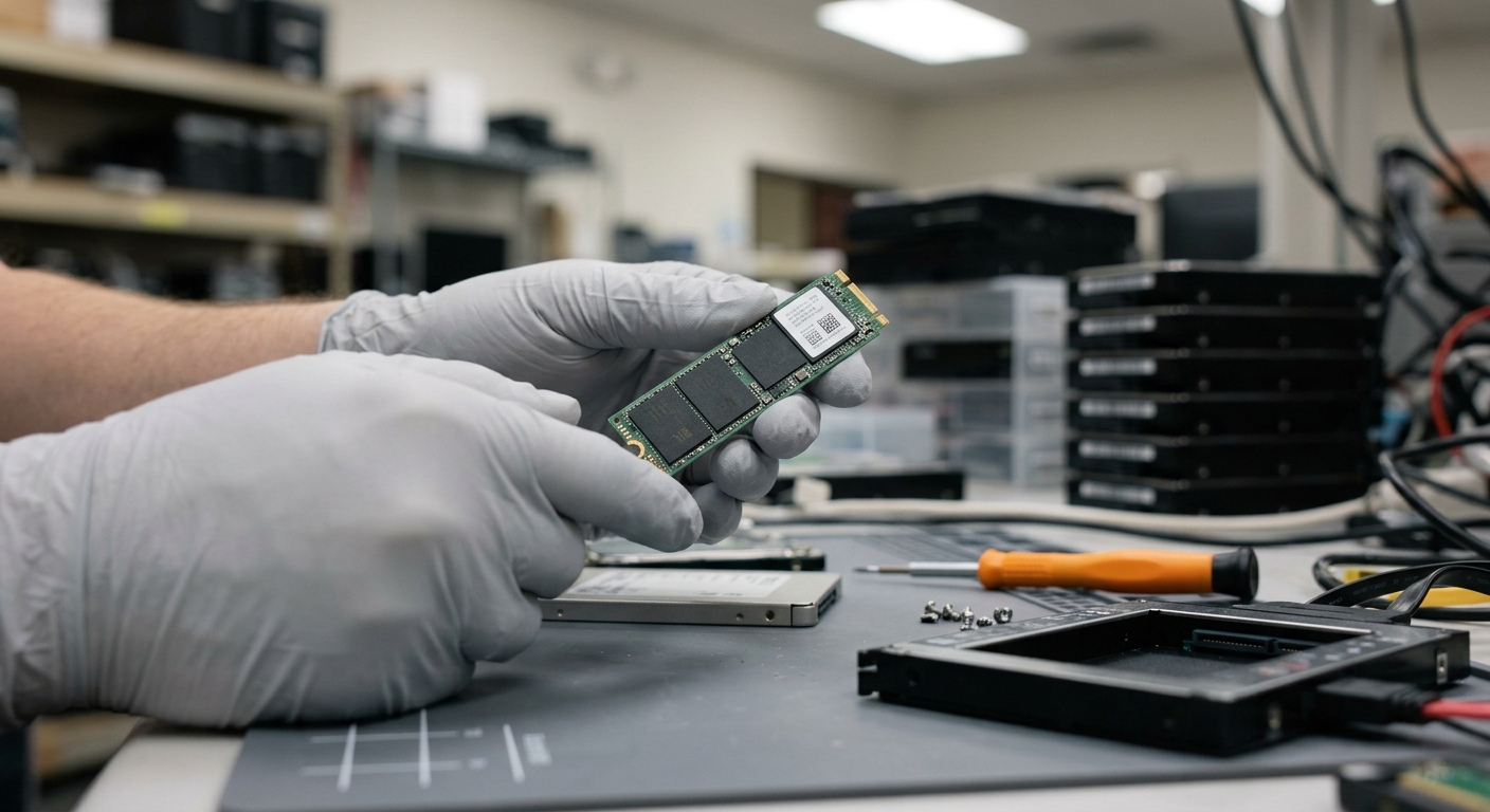 แผงวงจร SSD แบบ M.2 NVMe แสดงชิปหน่วยความจำ 3D NAND ความหนาแน่นสูงบนแผ่นวงจรสีดำ