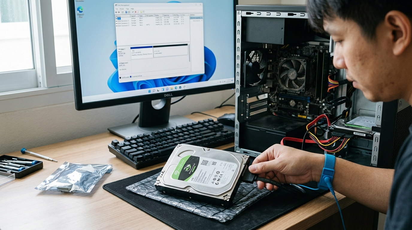 หน้าจอคอมพิวเตอร์แสดงโปรแกรม Disk Management กำลังตั้งค่าพาร์ติชันสำหรับไดรฟ์ใหม่