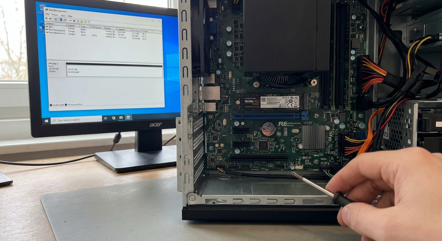 ภาพหน้าจอคอมพิวเตอร์แสดงโปรแกรม Disk Management เปรียบเทียบกับเมนู UEFI BIOS ของระบบคอมพิวเตอร์