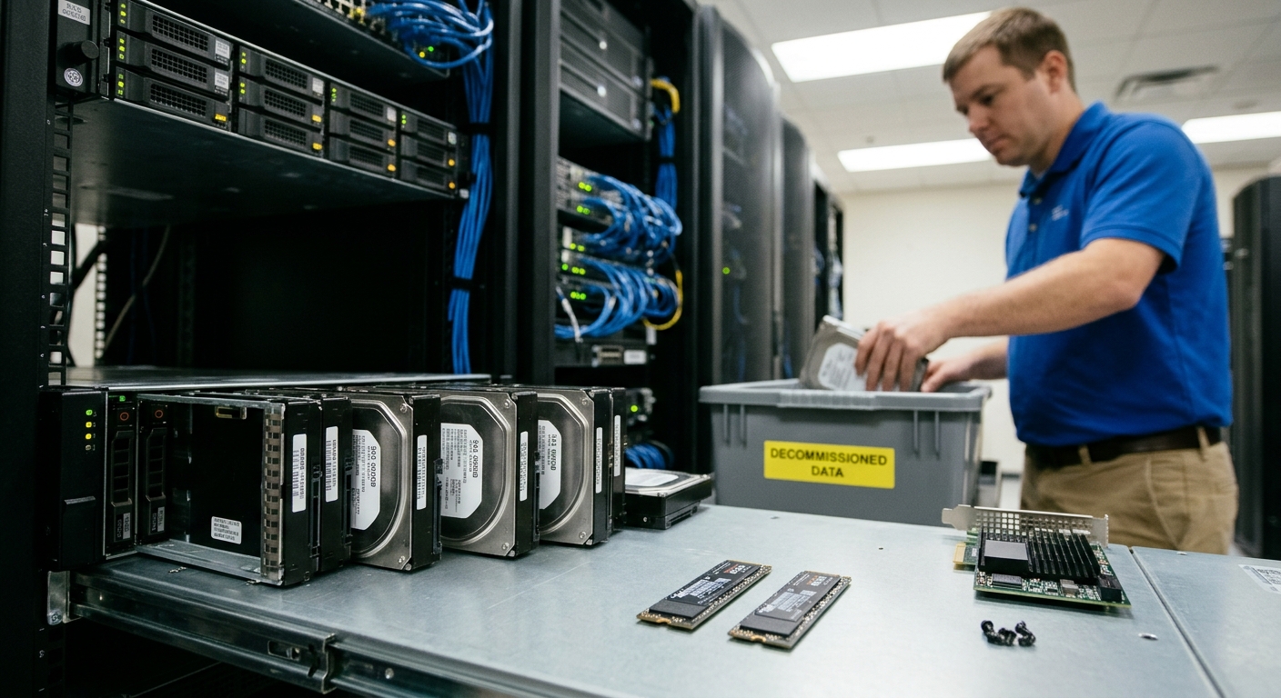 ไดรฟ์สตอเรจระดับองค์กรแบบ SAS HDD และ NVMe SSD วางเคียงกันในศูนย์ข้อมูล