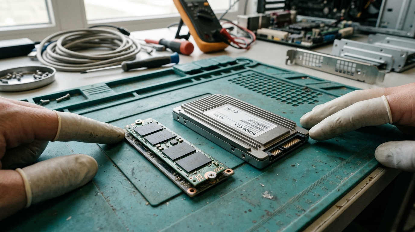 การวางเปรียบเทียบระหว่างโมดูล SSD มาตรฐาน M.2 2280 บนเมนบอร์ดพีซี และไดรฟ์ SSD มาตรฐาน Enterprise E1.S พร้อมฮีตซิงก์