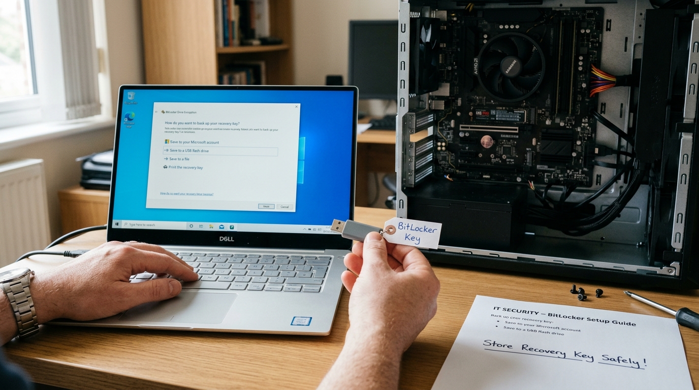หน้าจอโน้ตบุ๊กแสดงการตั้งค่า BitLocker Drive Encryption พร้อมอุปกรณ์ SSD M.2 วางอยู่ข้างเครื่อง